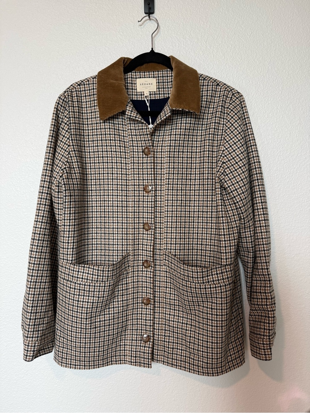Sezane Tan and Black Houndstooth Wool Jacket with Corduroy Collar